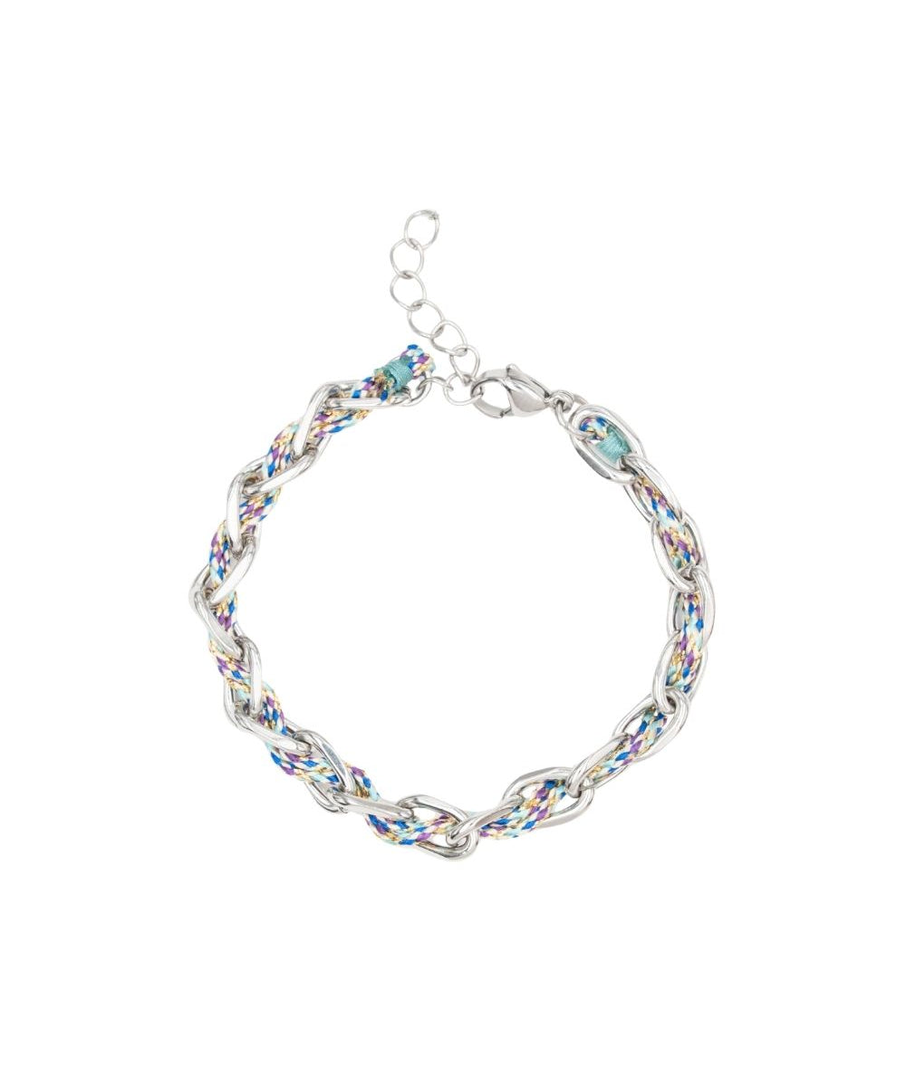 Bracelet ovale fil polyester et coton torsadé argenté - L16 cm