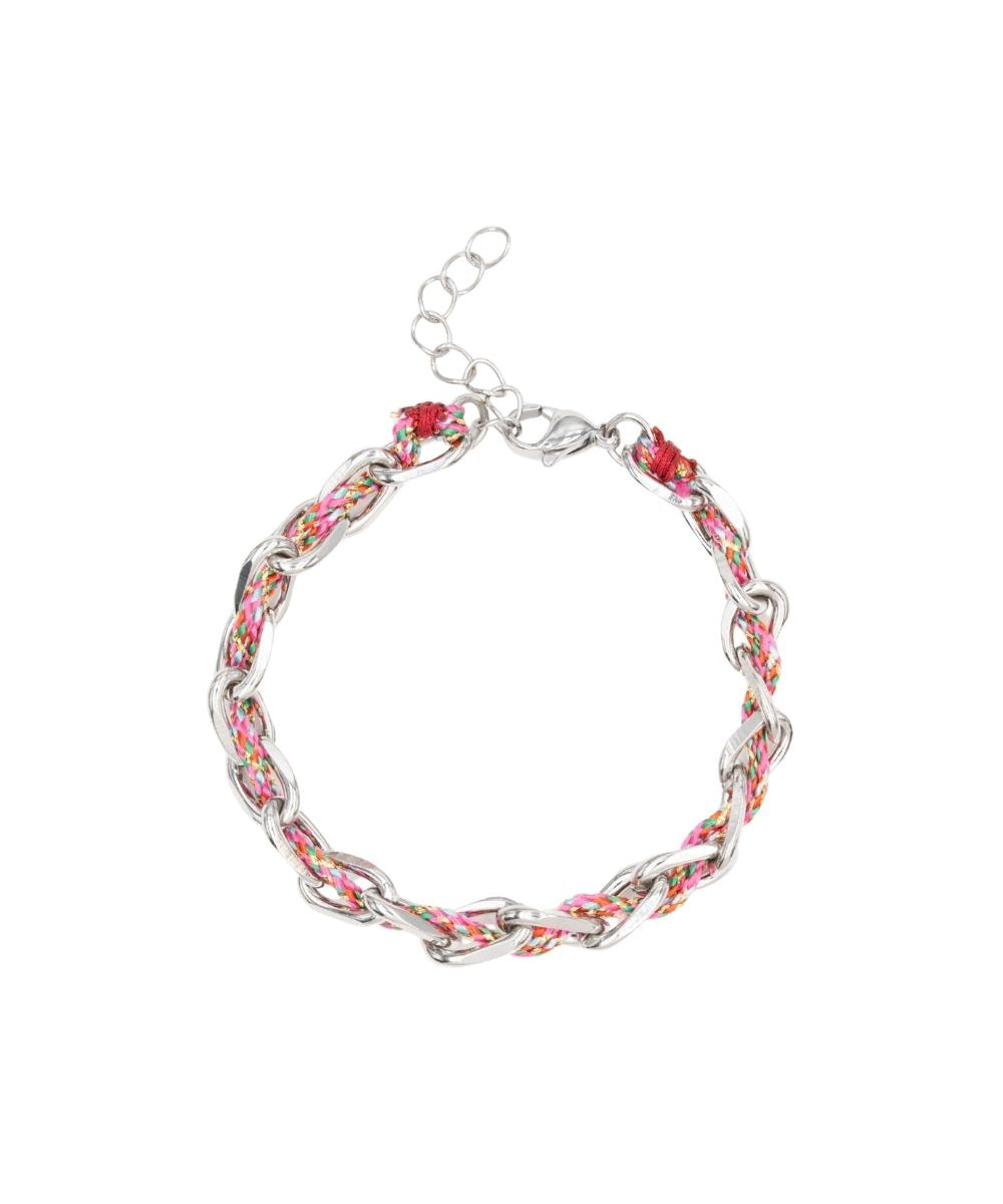 Bracelet ovale fil polyester et coton torsadé argenté - L16 cm