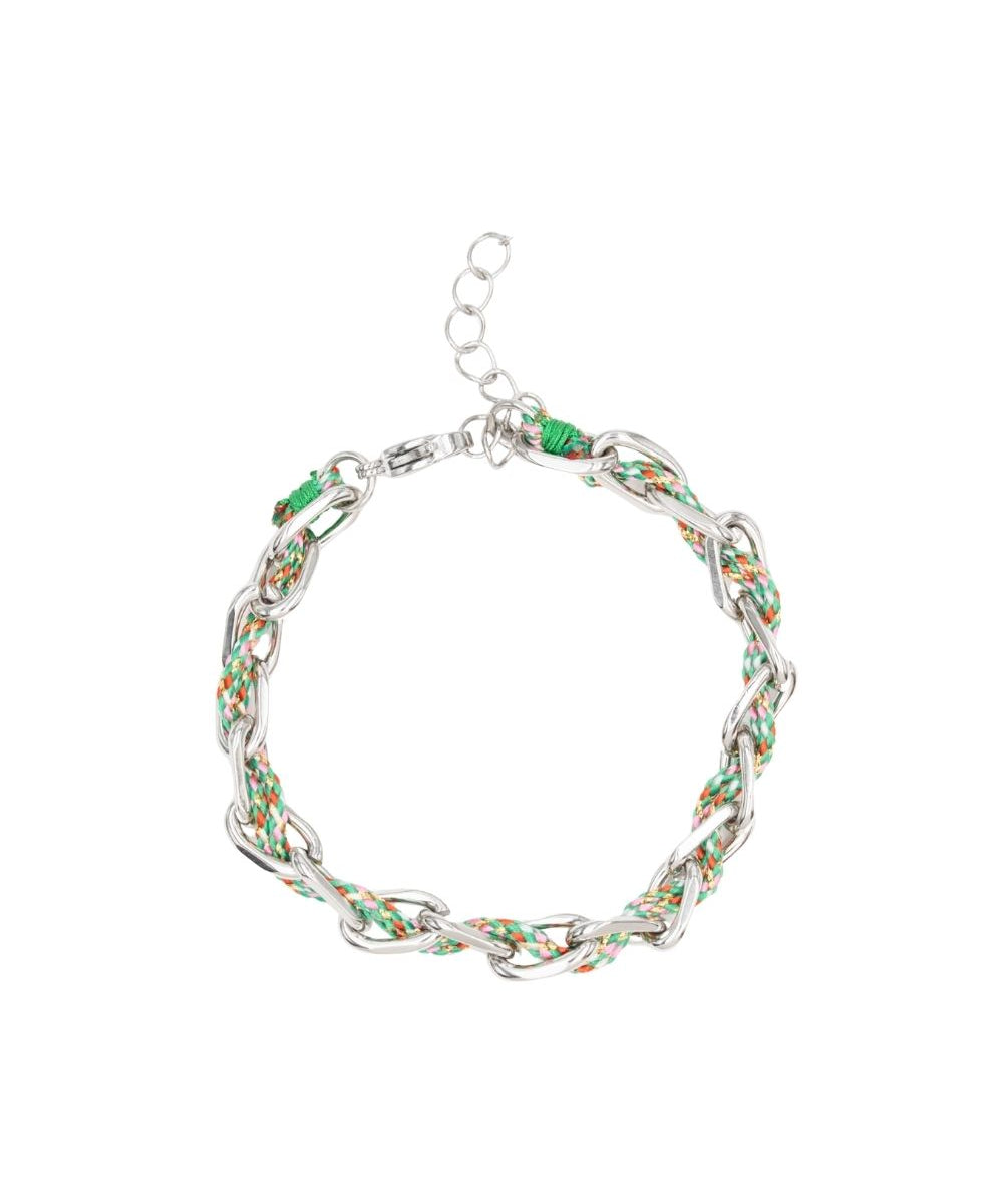 Bracelet ovale fil polyester et coton torsadé argenté - L16 cm
