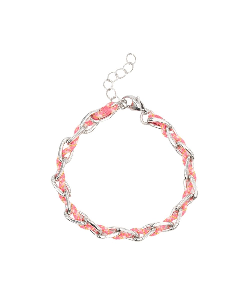 Bracelet ovale fil polyester et coton torsadé argenté - L16 cm
