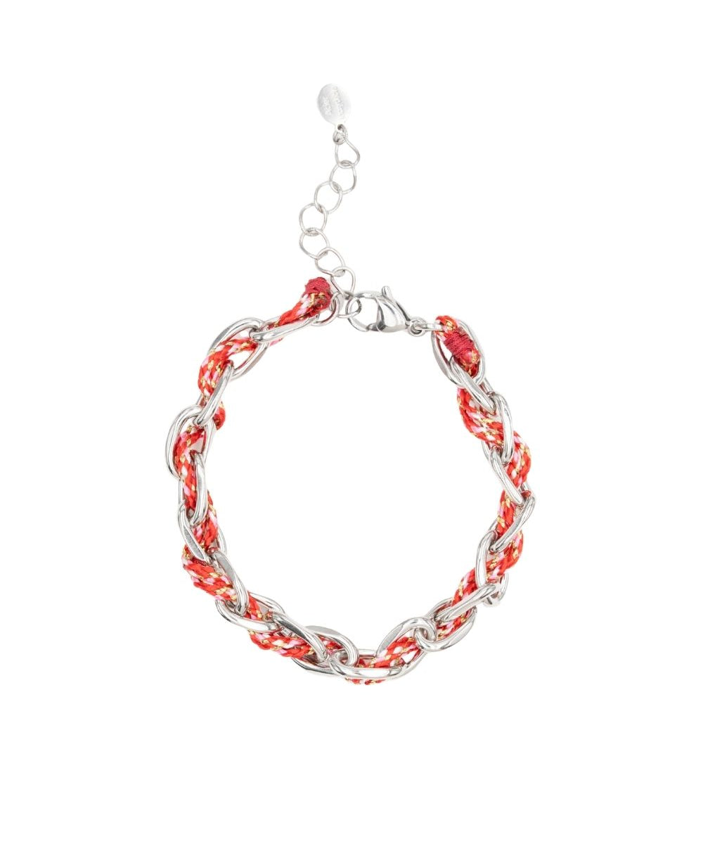 Bracelet ovale fil polyester et coton torsadé argenté - L16 cm