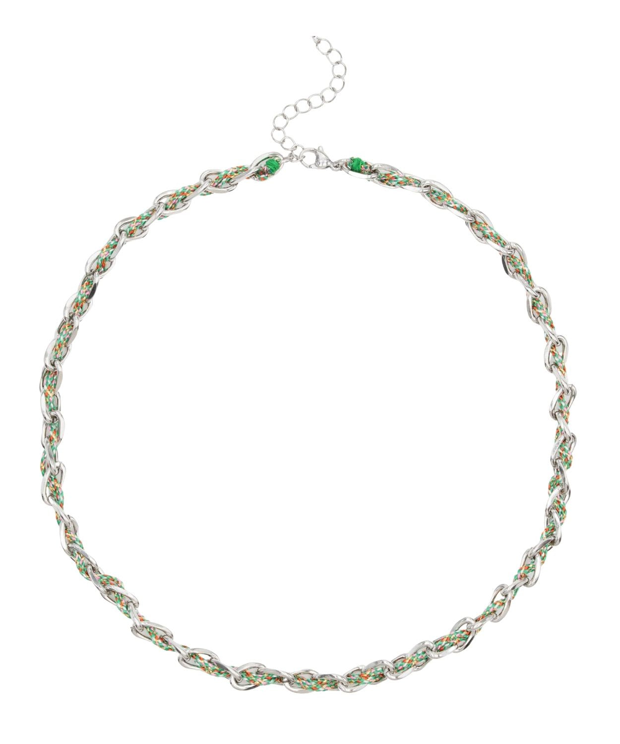 Collier ovale fil polyester et coton torsadé rhodié - L46 cm
