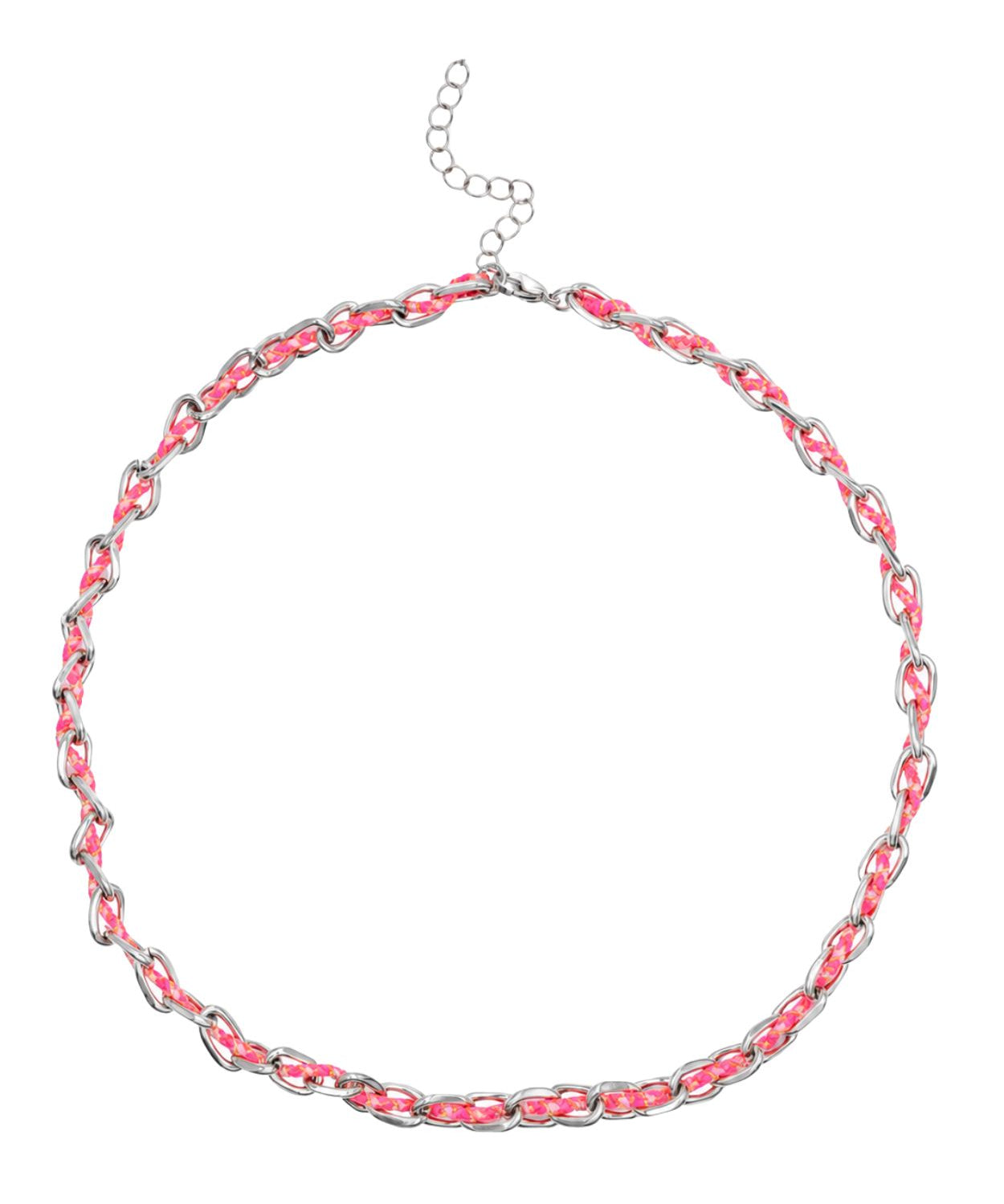 Collier ovale fil polyester et coton torsadé rhodié - L46 cm
